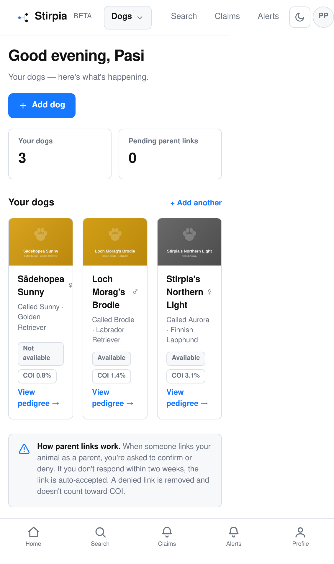 Stirpia home screen on mobile